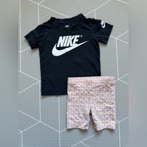 Nike|Baby girl/toddler summer set,Black Nike Tee with pink pattern biker shorts•